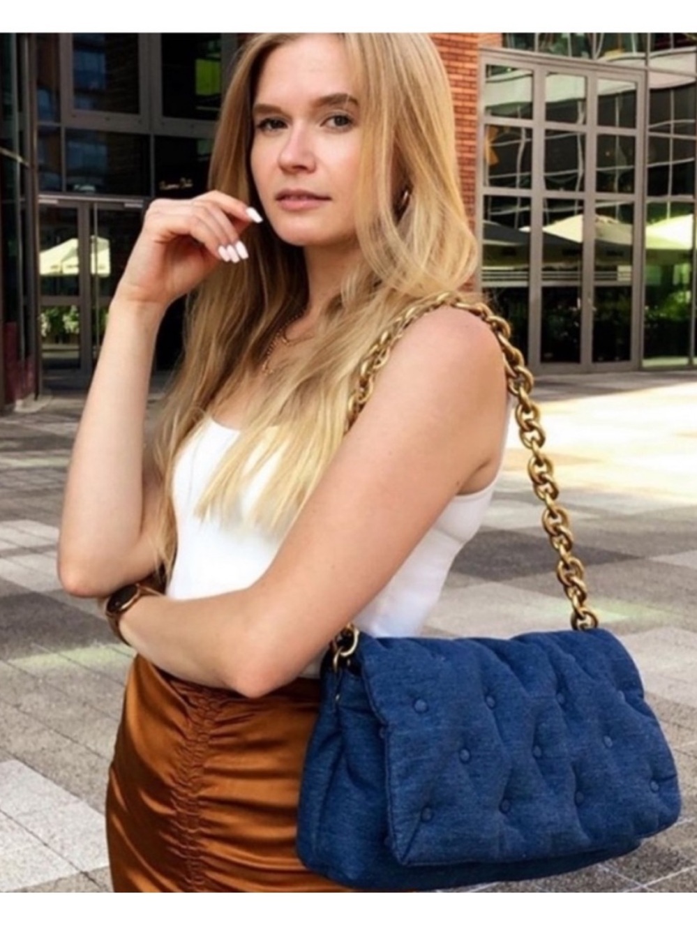 Zara Navy Quilted Shoulder Bag with Gold Chain Like New